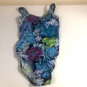 Speedo Womens Swimsuit Blue Black Floral One Piece Size 10 Swimwear Beach Active